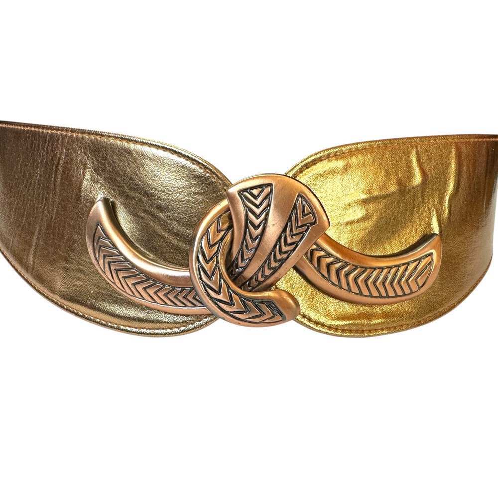 Vintage Metallic Gold Wide Cinch Belt Clasping Etched Interlocking Buckle Art - Picture 2 of 7